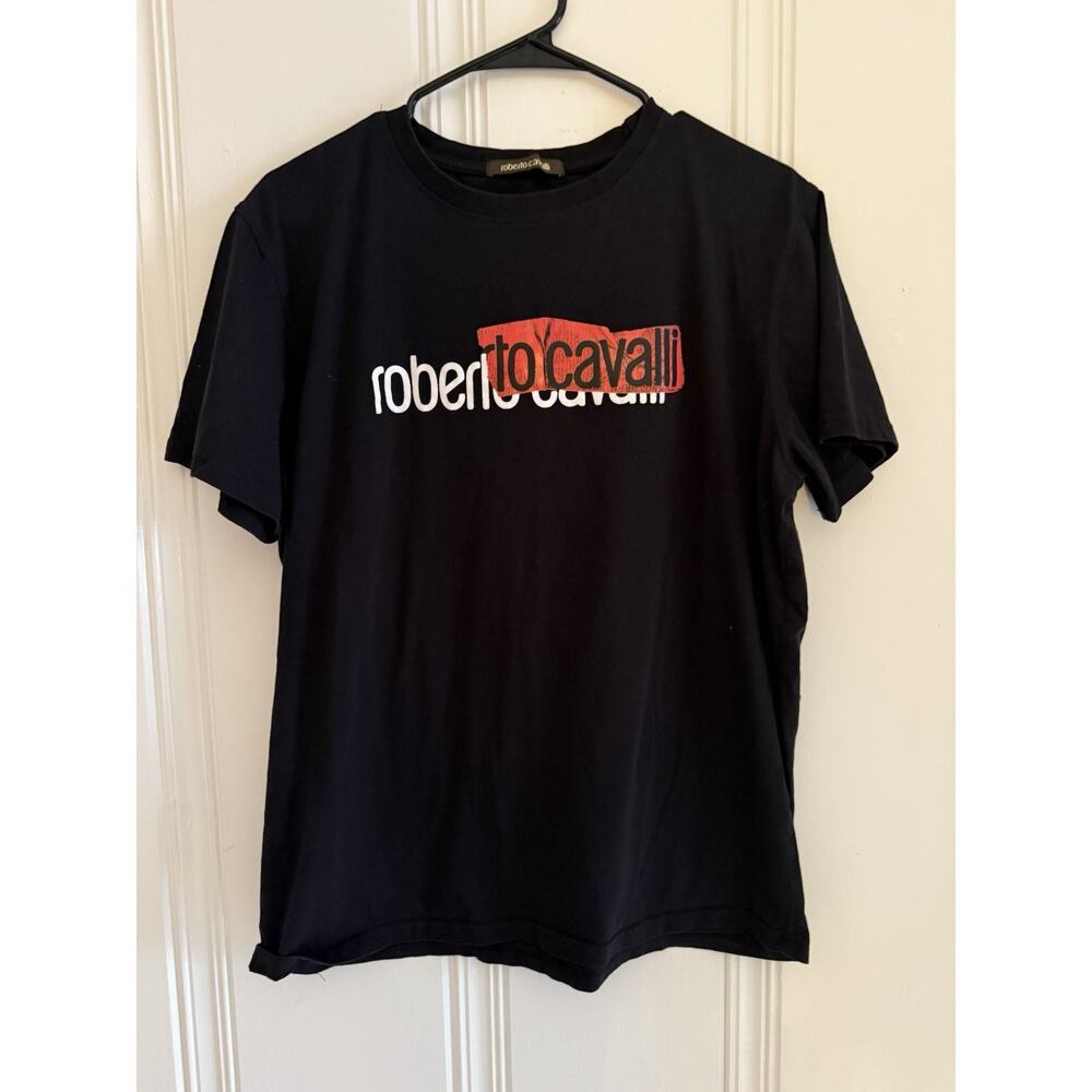 ROBERTO CAVALLI Mens Logo Graphic Cotton Tee T-Shirt Size L Large Black